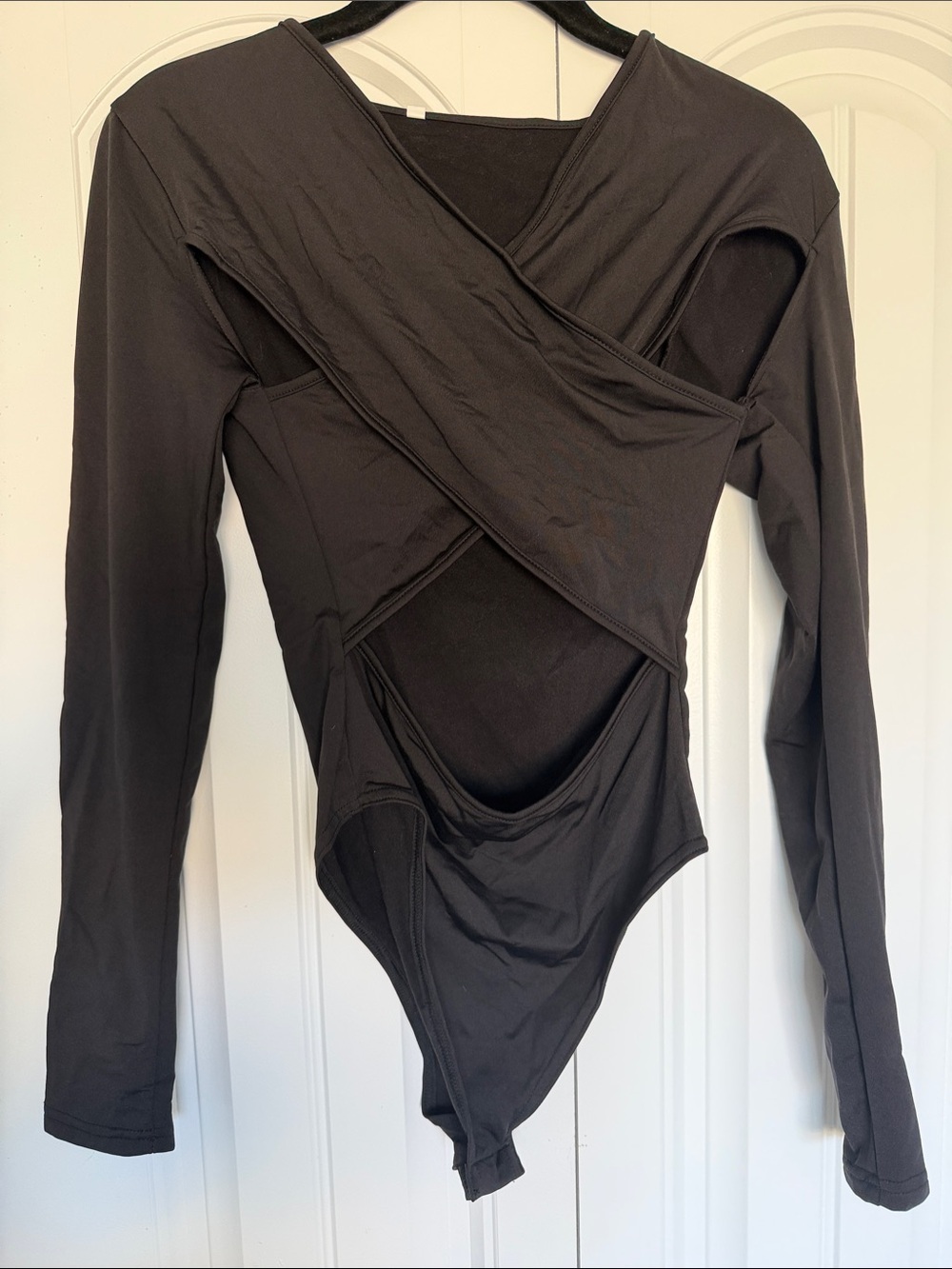 Black Long-Sleeve Wrap Front Bodysuit